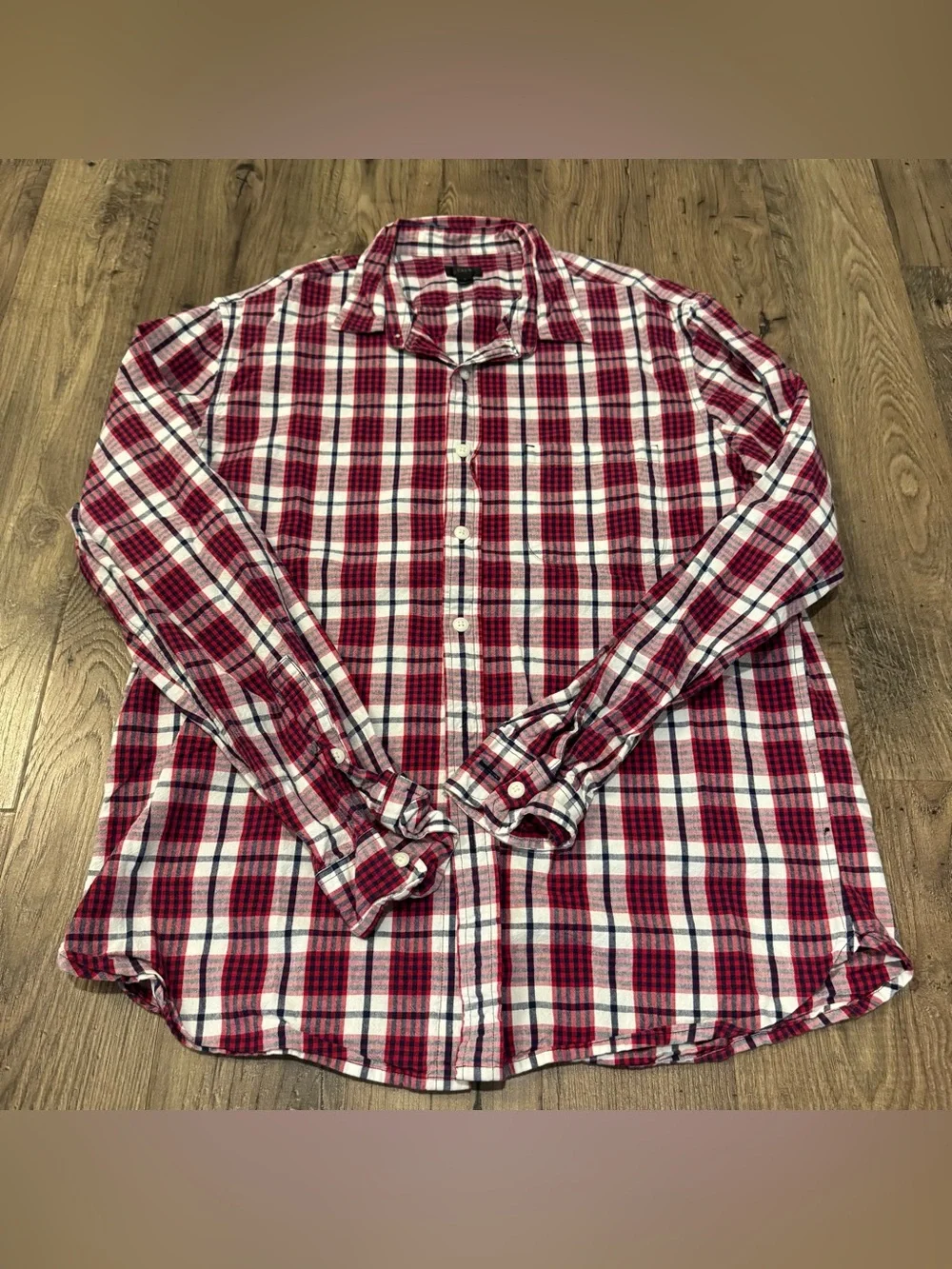 EUC J.Crew Men's Red and White Plaid Button-Up Shirt - Large